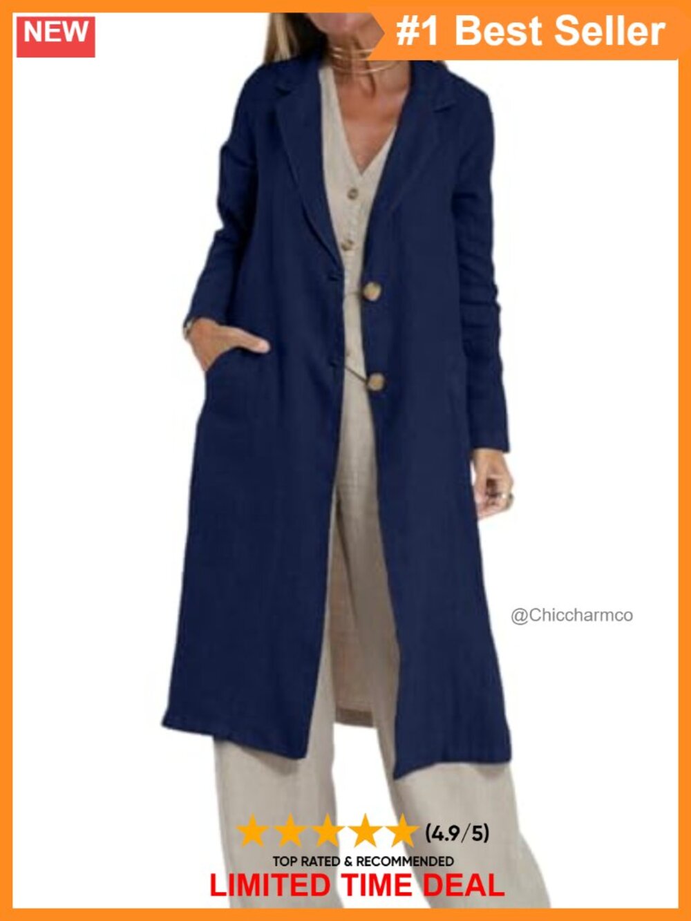 Long Linen Blazer Trench Coat Notch Lapel Button Front Casual